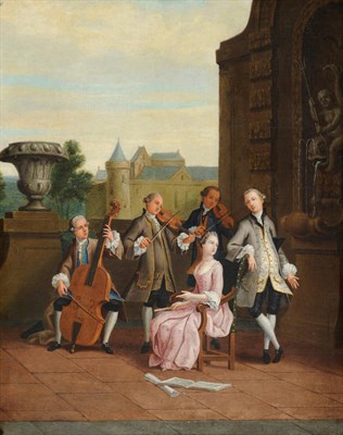 Lot 845 - French School (18th century) Lady and Gentleman on a Balcony, musicians nearby Oil on canvas,...