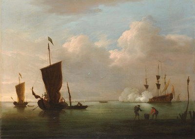 Lot 846 - Follower of Peter Monamy (18th century) The Morning Gun, a naval warship firing a salute Oil on...