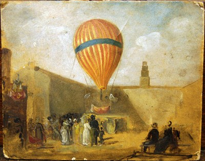 Lot 847 - Follower of Jacques Laurent Agasse (19th century) Figures watching a Balloonist in a Courtyard...