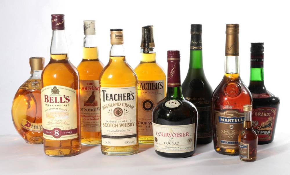 Lot 2119 - Bell's Whisky 1 bottle Martell VS *** Cognac 1 bottle Teachers Whisky 2 bottles (one 1970's...