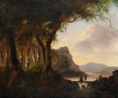 Lot 850 - Follower of Richard Wilson (18th century) Figures Fishing beside a Lake, a castle on a rocky...