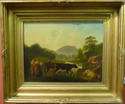 Lot 853 - John Rathbone (1750-1807) Lakeland Landscape, with cattle, sheep and figures Inscribed on a...