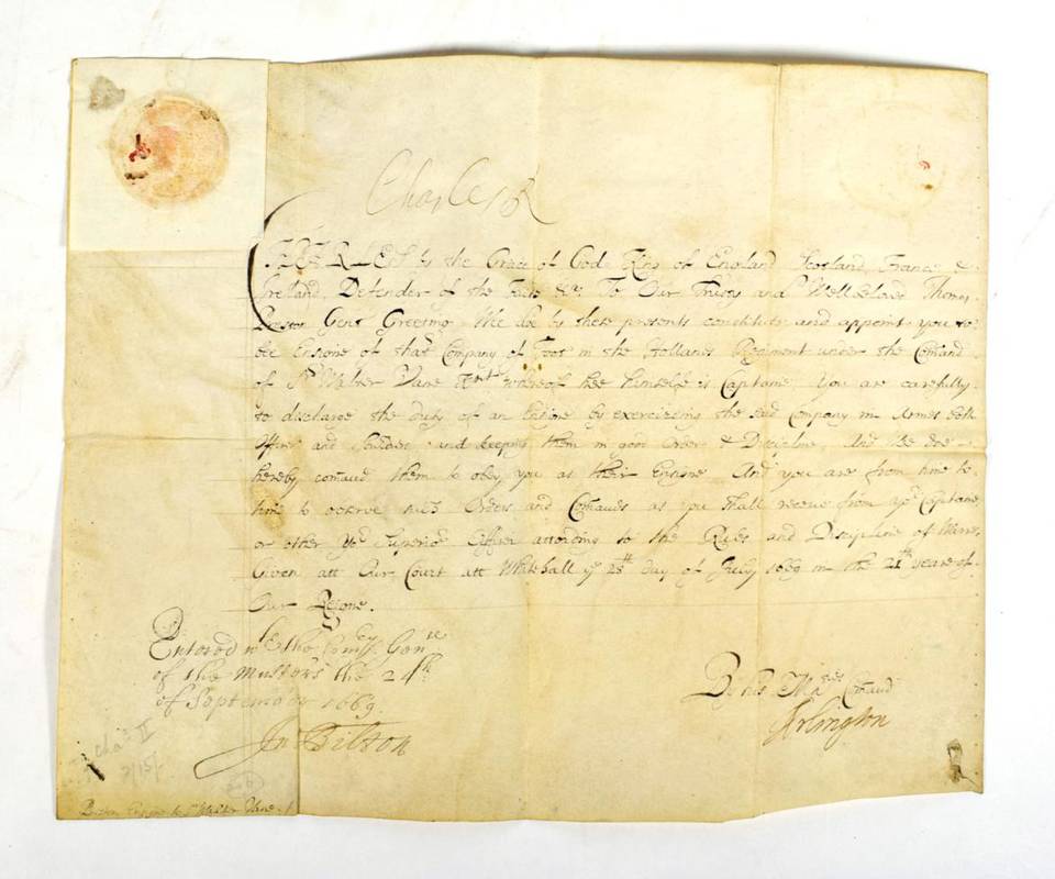 Lot 68 - Charles II Warrant signed (''Charles II'' at head), appointing Thomas Preston Ensign to the Holland
