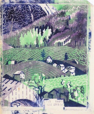 Lot 26 - Edith Lawrence (1890-1973) ''Houses on a Hillside'' Linocut, 30cm by 25cm (unframed)...