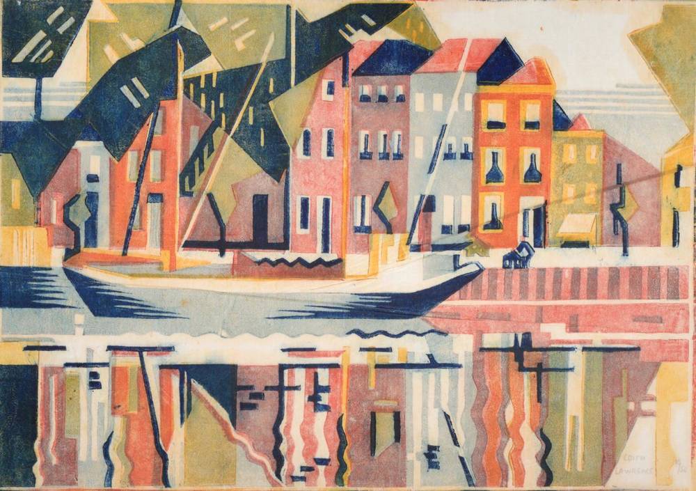 Lot 29 - Edith Lawrence (1890-1973) ''Canal Middleburg, Zeeland'' Signed and numbered 10/50, linocut,...
