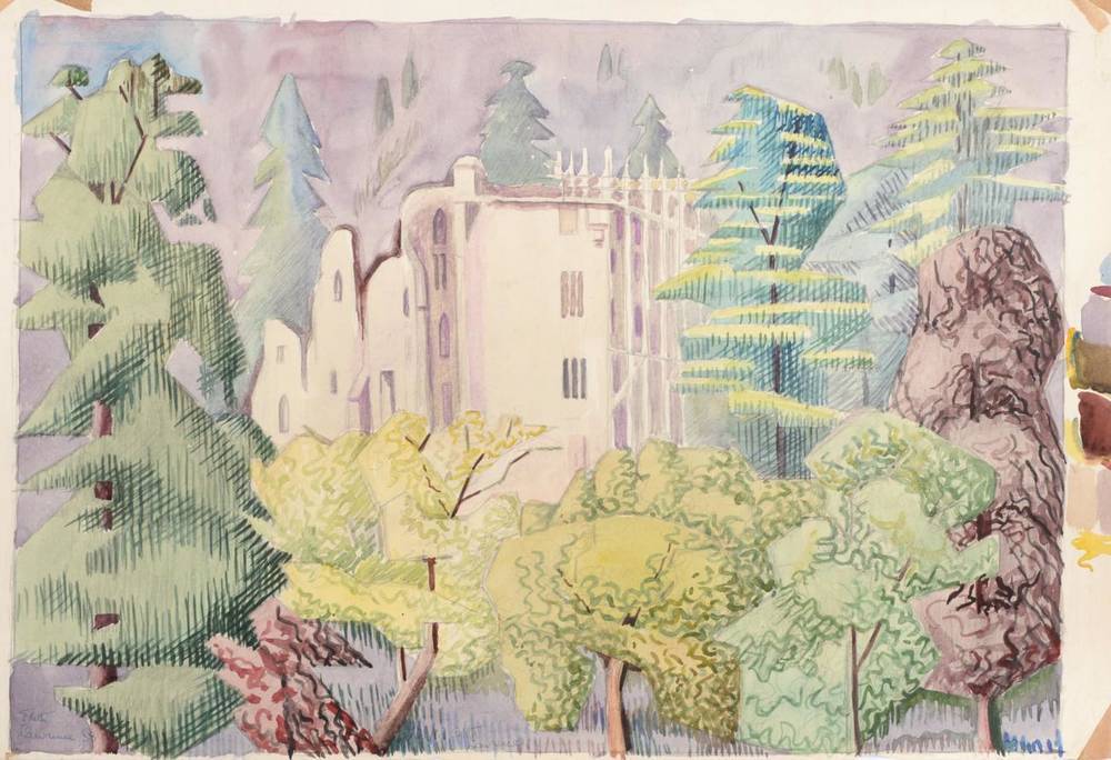 Lot 37 - Edith Lawrence (1890-1973) View of a castle Signed and dated (19)58, mixed media, together with...