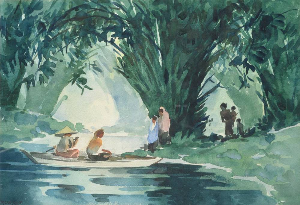 Lot 48 - Yong Mun Sen (1896-1962) Malaysian  Figures and a canoe in a forest Signed, watercolour, 36cm...