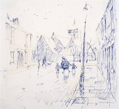 Lot 65 - Norman Stansfield Cornish (1919-2014) Street scene with mother and children Signed, biro and...