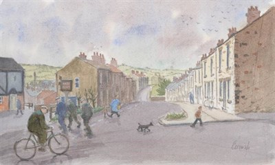 Lot 66 - Norman Stansfield Cornish (1919-2014) Spennymoor street scene with miners heading to the Half...