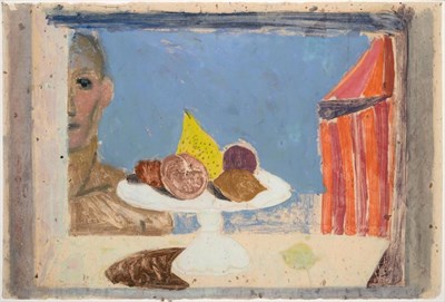 Lot 83 - Leon Francesco Morrocco (b.1942) Face and still life at a window Signed, mixed media, 51cm by 76cm