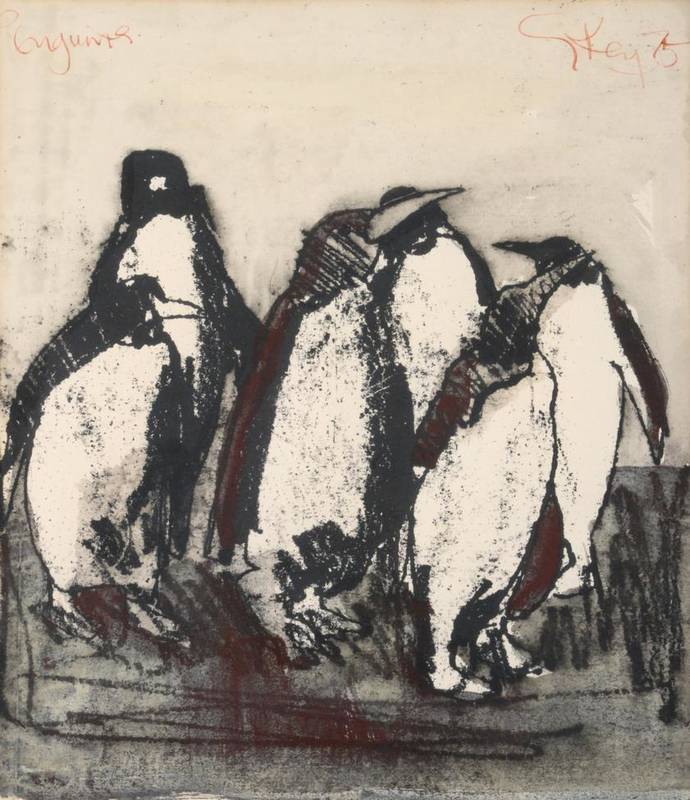 Lot 85 - Geoffrey Key (b.1941) ''Penguins'' Signed, inscribed and dated (19)75, ink and wash, 32.5cm by 28cm