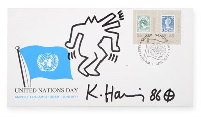 Lot 86 - Keith Haring (1958-1990) American  Dog Signed and dated (19)86, pen drawn on a United Nations...