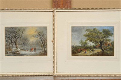 Lot 875 - Robert Burrows (fl.1851-1856) Figures in a Winter Landscape; Figures and a Donkey in a Summer...