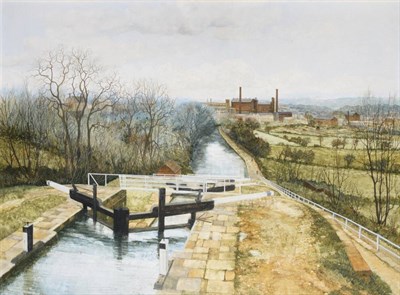 Lot 104 - John Ridgewell (1937-2004) Canal lock and Industrial buildings  Signed, oil on canvas, 74cm by...