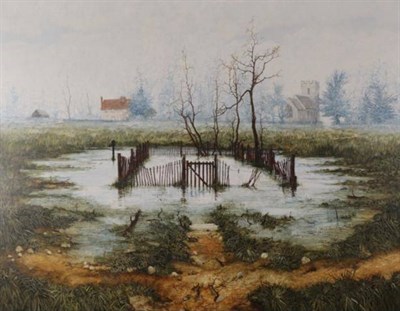 Lot 105 - John Ridgewell (1937-2004) Wetlands with church and other buildings beyond Signed, oil on...