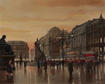 Lot 119 - Steven Scholes (b.1952) ''Piccadilly Manchester, 1938'' Signed, oil on canvas, 40cm by 50cm...