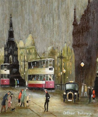 Lot 125 - Arthur Delaney (1927-1987) Albert Square with trams  Signed, oil on board, 24.5cm by 20.5cm...