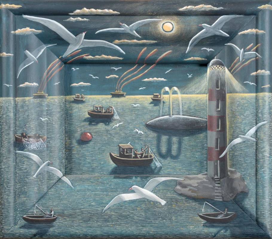 Lot 140 - PJ Crook MBE (b.1945) ''Night Fishers'' (2013) Signed, inscribed and dated verso, painted...