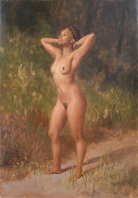 Lot 148 - Harry Holland (b.1941) Nude standing before a woodland Signed, oil on board, 44.5cm by 31cm...
