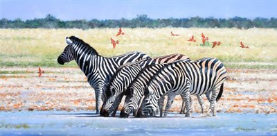 Lot 153 - Pip McGarry (b.1955) Zebras at the riverbank Signed and dated 2011, oil on canvas, 50cm by 105.5cm
