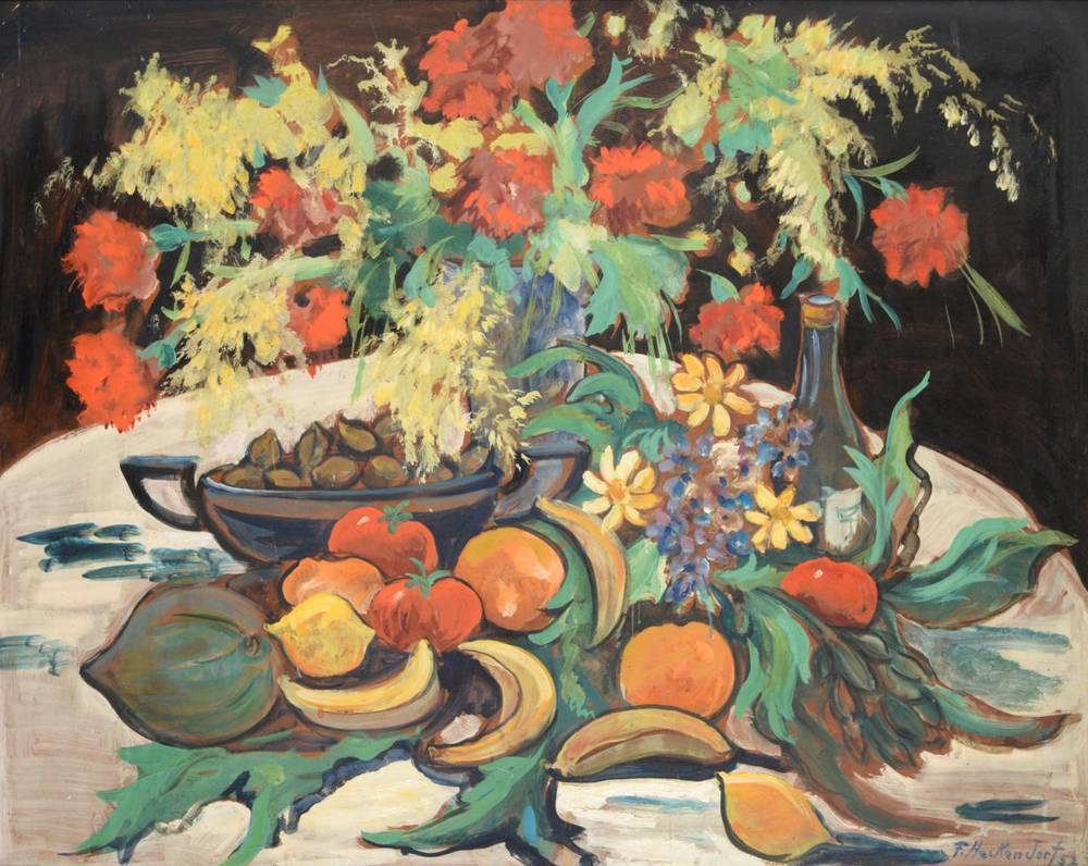 Lot 160 - Franz Heckendorf (1888-1962) German Still life of red peonies and assorted fruits Signed and...