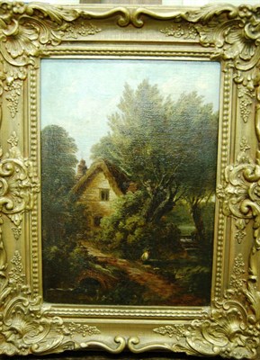 Lot 882 - Thomas Thomas (fl.1854-1896) Fisherman beside a Stream, a sunlit cottage nearby Signed, oil on...