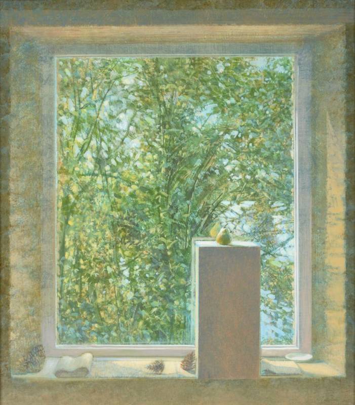 Lot 167 - David Tindle RA (b.1932) ''Window Still Life'' Signed, inscribed and dated, (19)96 verso, egg...