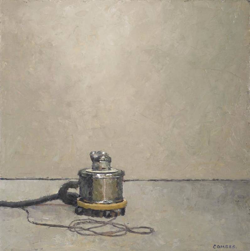Lot 169 - Richard Combes ROI (1963) Still life with hoover Signed, oil on board, 28cm by 28cm  Artist's...
