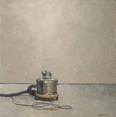 Lot 169 - Richard Combes ROI (1963) Still life with hoover Signed, oil on board, 28cm by 28cm  Artist's...