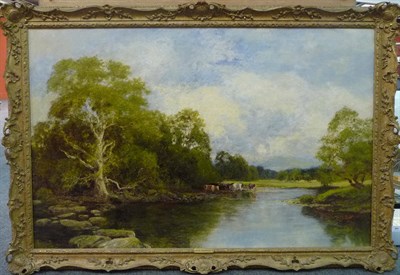 Lot 885 - John Clayton Adams (1840-1906) Summer River Landscape, with cattle watering beside trees...