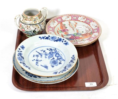 Lot 33 - A Chinese famille rose figural plate, Qianlong; together with another, floral design, bearing Guest