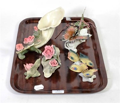 Lot 41 - Karl Ens porcelain models, two butterflies, a butterfly wall pocket, a rose cornucopia vase and two