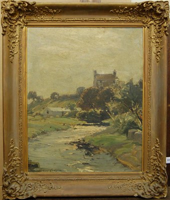 Lot 889 - Hubert Coop RBA (1872-1953) River Landscape with Barns and a Cottage in the Distance Signed, oil on