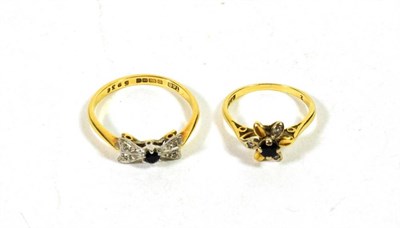 Lot 76 - Two 18 carat gold sapphire and diamond set fancy rings, finger sizes H and P (2)