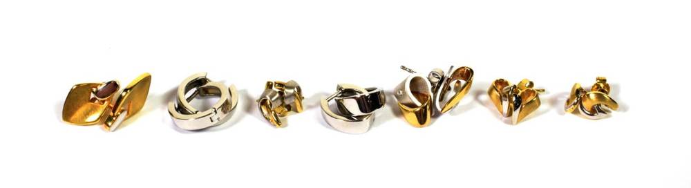 Lot 83 - A pair of 18 carat gold diamond stud earrings; two pairs of 9 carat white gold hoop earrings; a...