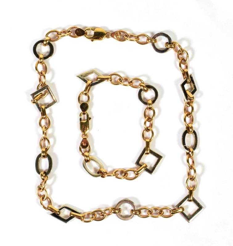Lot 86 - A 9 carat gold two colour gold fancy link necklace, length 44cm; and bracelet set, length...