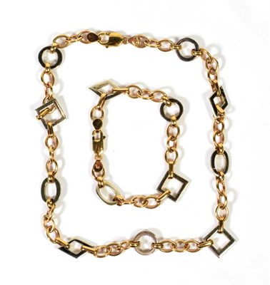 Lot 86 - A 9 carat gold two colour gold fancy link necklace, length 44cm; and bracelet set, length...