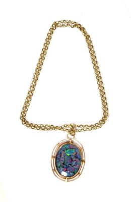 Lot 91 - A crazed opal triplet pendant, stamped '9CT' on a chain stamped '375', chain length 74cm