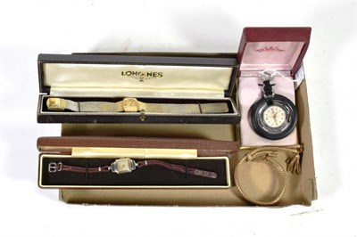 Lot 96 - A Marvin tyre form alarm watch, a lady's steel wristwatch signed Roldor, plated lady's...