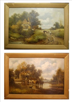 Lot 894 - Charles Vickers (19th/20th century) Drover and Cattle on a Country Lane, cottages nearby;...