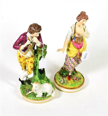 Lot 122 - A pair of Derby figures, 19th century, modelled as a shepherd playing a flute and dancing girl,...
