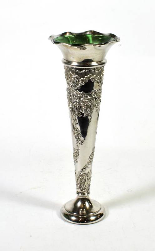 Lot 147 - A silver trumpet shaped vase, marks rubbed, probably Henry Matthews, Chester, date indistinct, with
