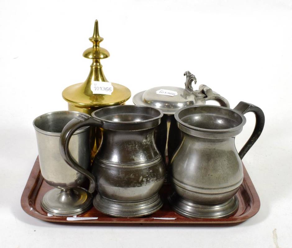 Lot 157 - A brass trench art tea caddy; three pewter tankards; and cup
