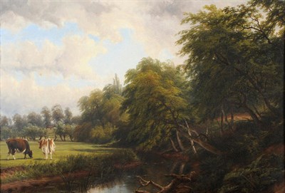 Lot 899 - Thomas Baker of Leamington (1809-1869) Cattle in a Meadow beside a Tree-Lined River Oil on...