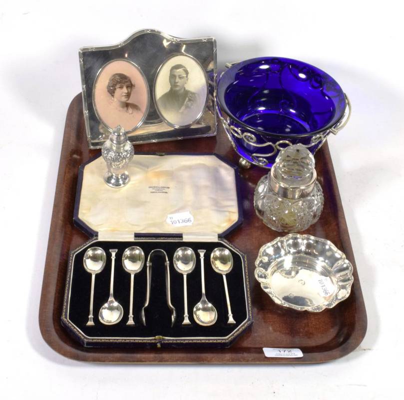 Lot 172 - Silver including a cased set of seal topped teaspoons and matching tongs; Elizabeth II dish; double