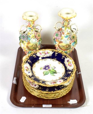 Lot 177 - A Coalport floral painted part dessert service and a near pair of floral encrusted twin handled...