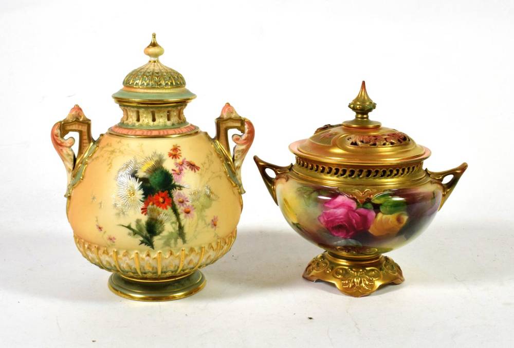 Lot 185 - Two Royal Worcester twin-handled vases and covers, one painted with roses and signed M Landell, the