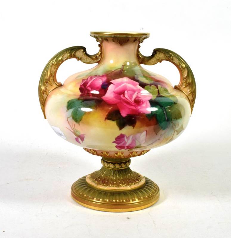 Lot 186 - A Royal Worcester rose painted twin-handled pedestal vase, signed A Shuck