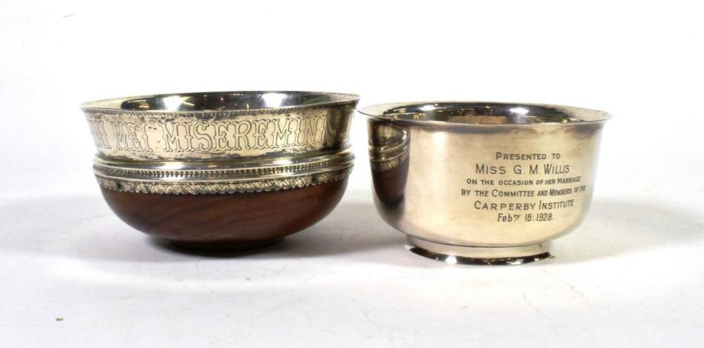 Lot 190 - A silver mounted turned wood mazer bowl, Thomas Bradbury & Son, Sheffield 1923, inscribed to...