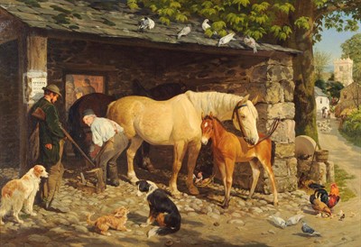 Lot 902 - Charles James Lewis RI (1830-1892) "The Village Blacksmith", summer landscape with a blacksmith...